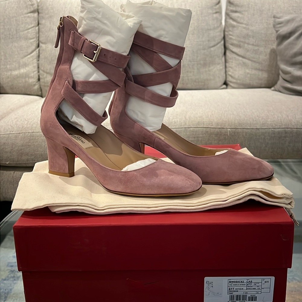 Valentino Garavani Plum Suede Leather Back-Zip Ankle-Wrap Pumps